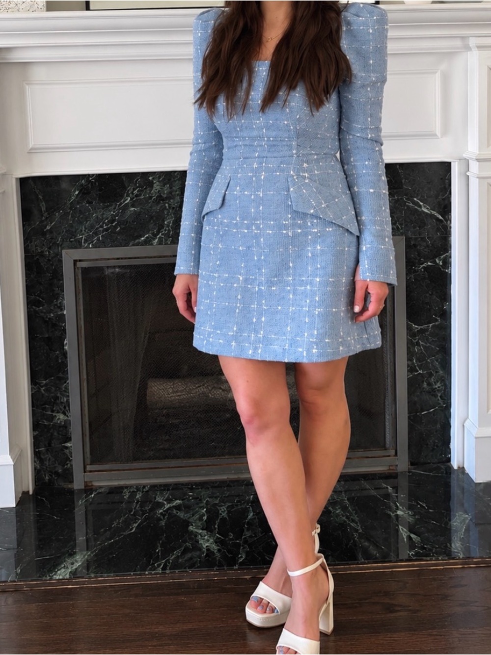 Light Blue Tweed Mini Dress with Structured Shoulders